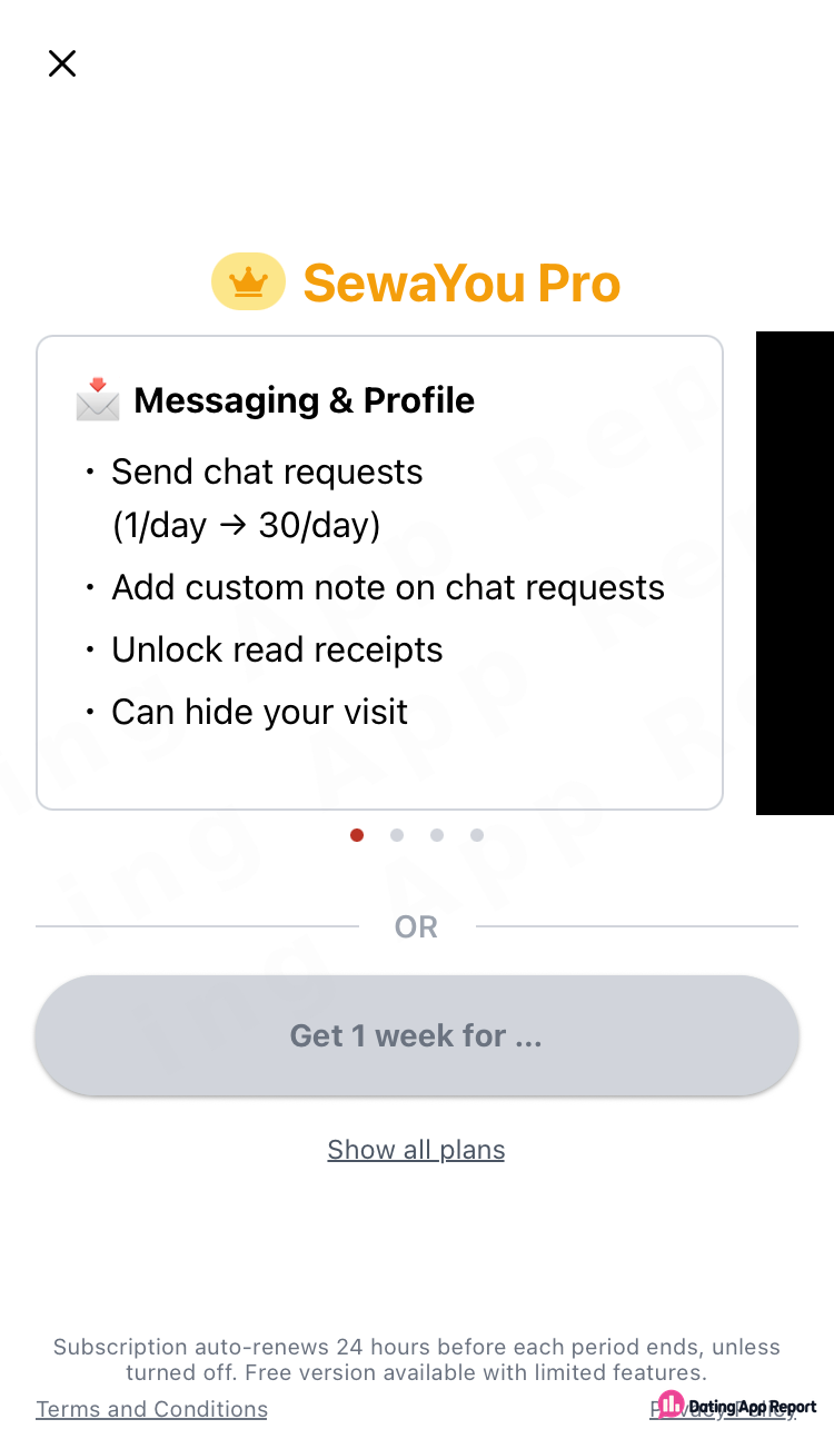 SewaYou Pro screen: chat requests go from 1 to 30 a day, plus other perks. Footer notes auto-renewal.
