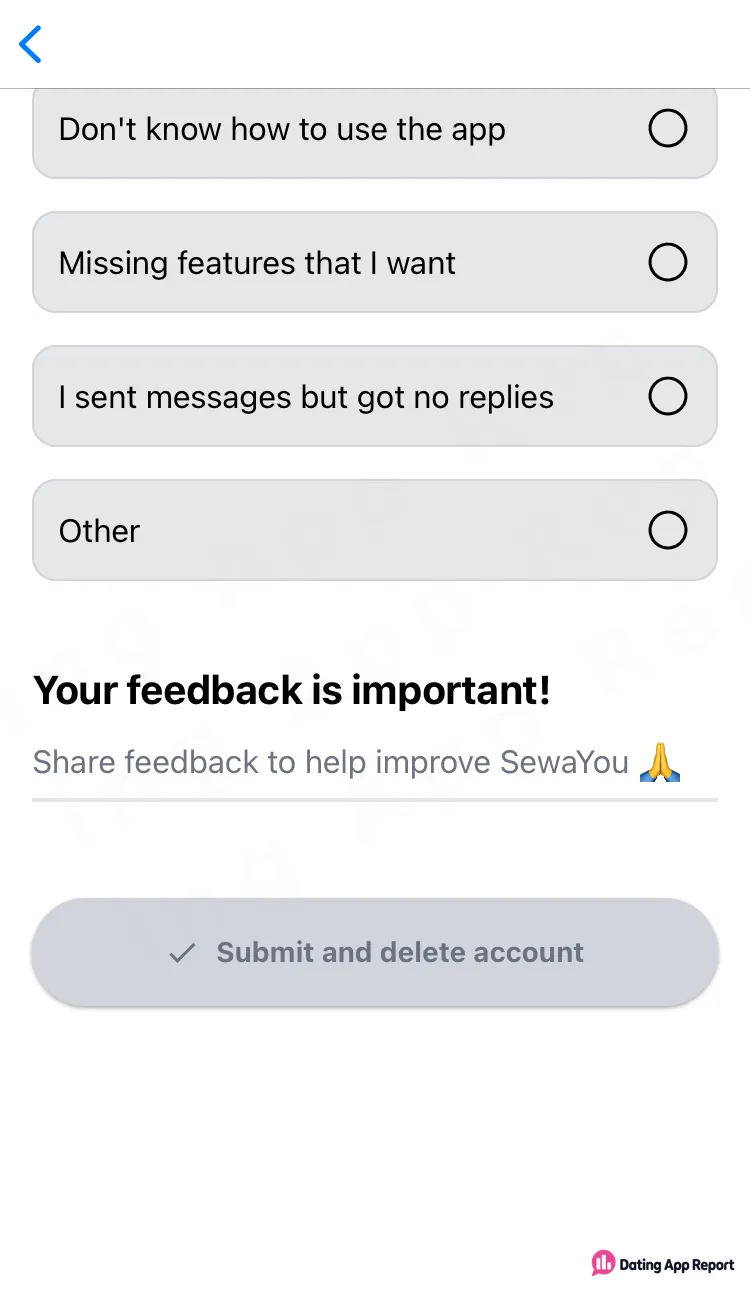 Account deletion page listing leaving reasons, a feedback field, and a gray "Submit and delete account" button.
