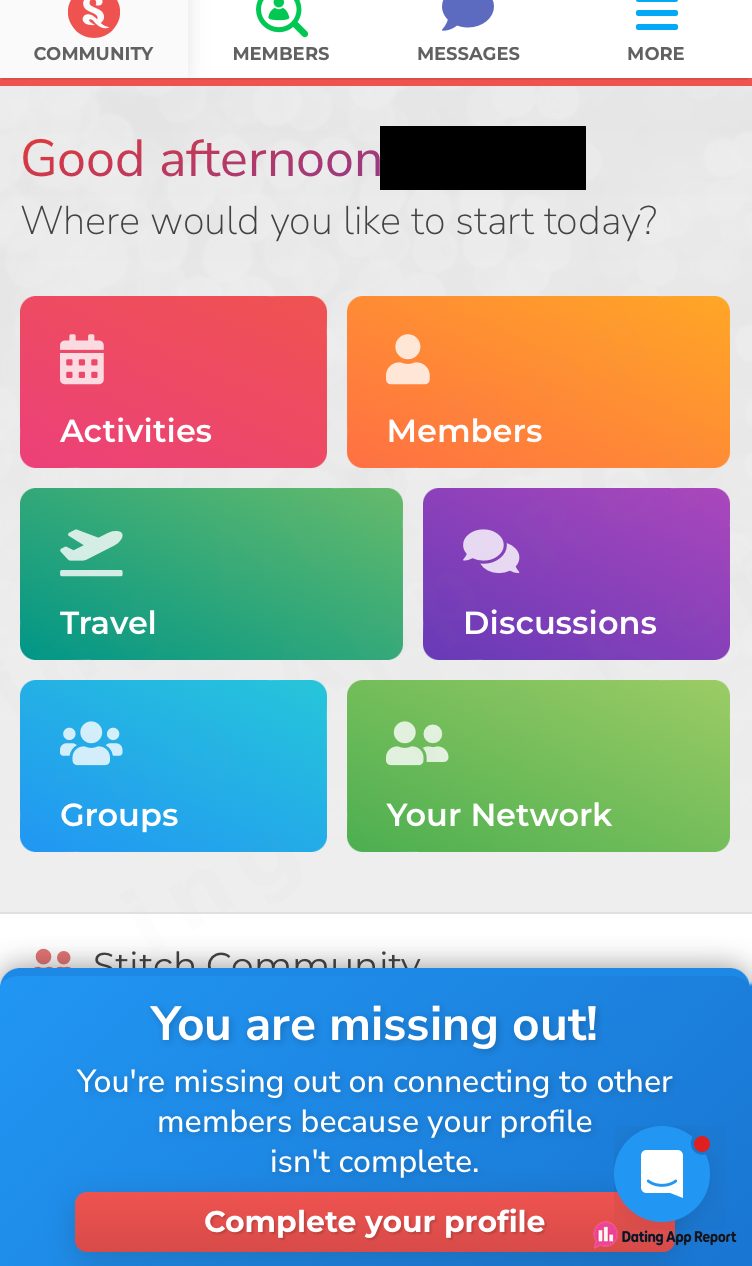 Community screen banner saying an incomplete profile prevents connecting with other members.