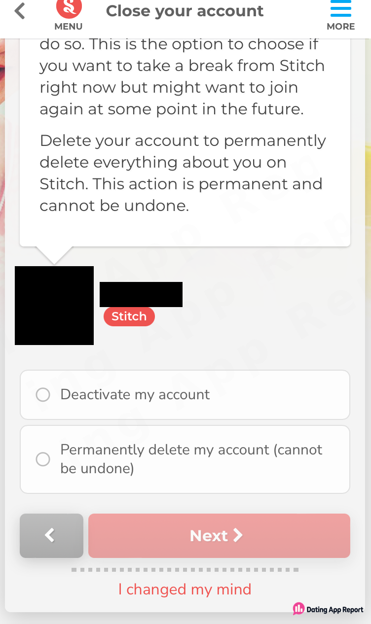 Account-closing screen with options to deactivate or permanently delete the account.