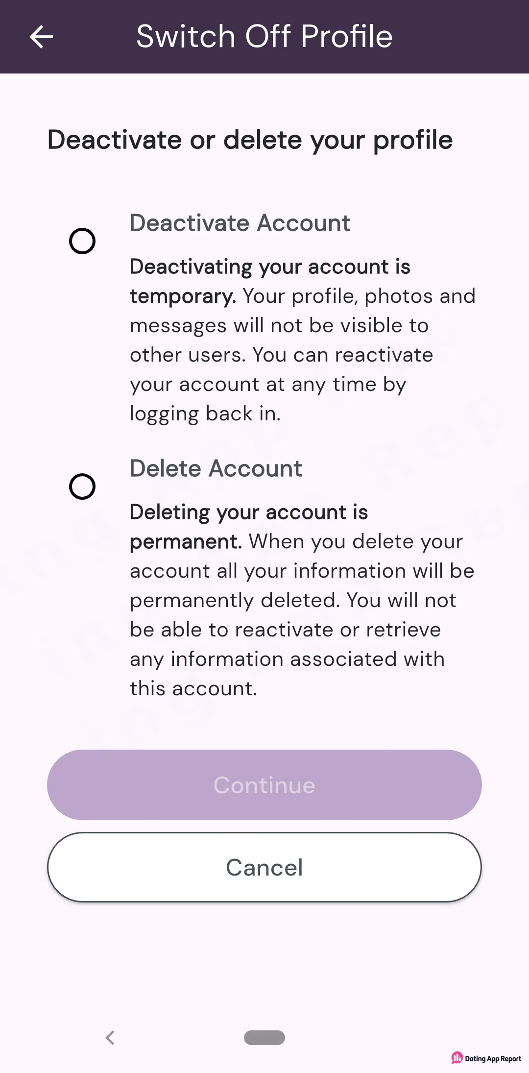 The Switch Off Profile screen lets you pick Deactivate Account, which is temporary, or Delete Account, which is permanent.