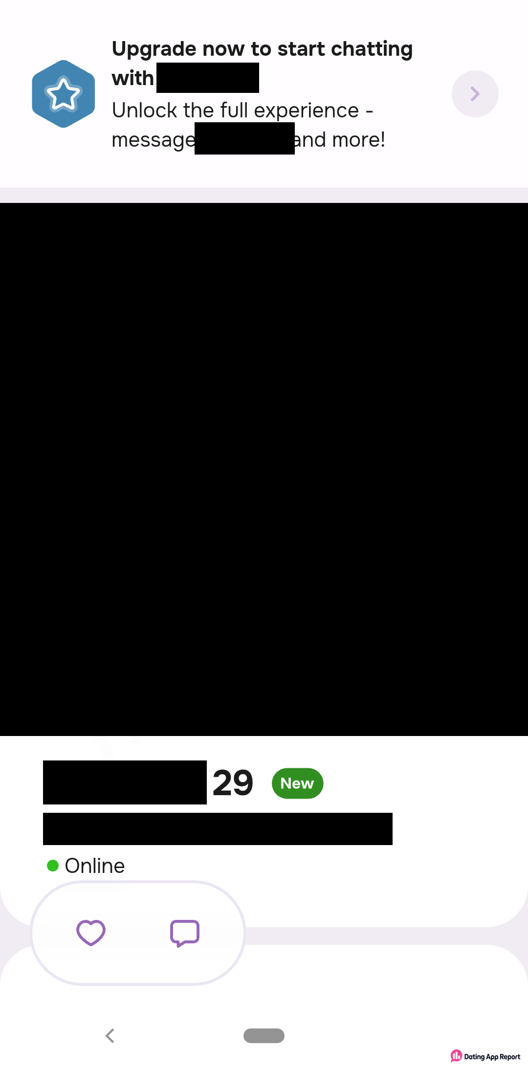 A member's profile with a banner saying you must upgrade to start chatting with them; name and photo redacted.