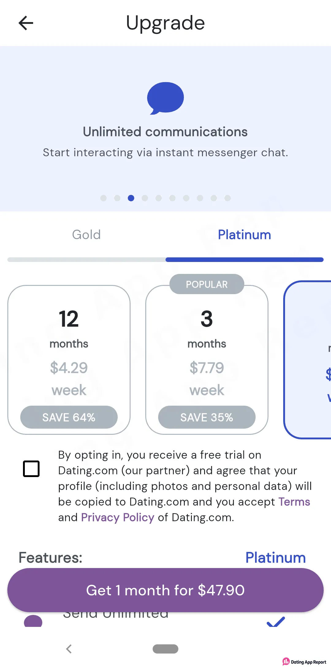 Platinum plans list 12 months at $4.29/week and 3 months at $7.79/week; the button says "Get 1 month for $47.90."