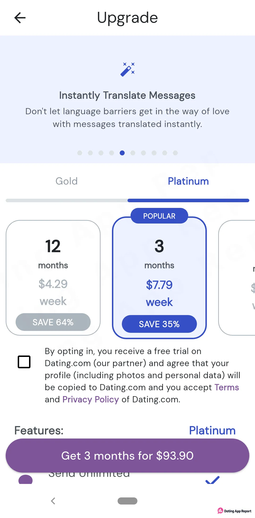 Platinum upgrade screen lists 12 months at $4.29/week and 3 months at $7.79/week, with an unticked Dating.com profile-copy box.
