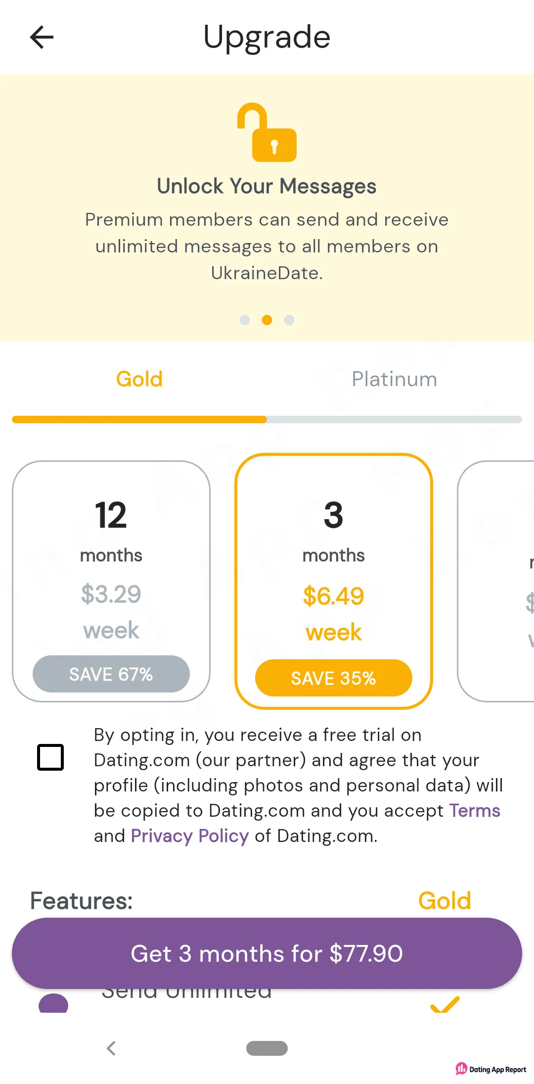 Gold costs $3.29 a week for 12 months or $6.49 a week for 3 months; the 3-month button shows $77.90.