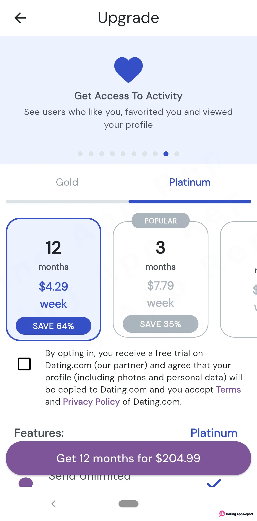 Platinum plans list 12 months at $4.29/week ($204.99 total) and 3 months at $7.79/week, marked POPULAR.