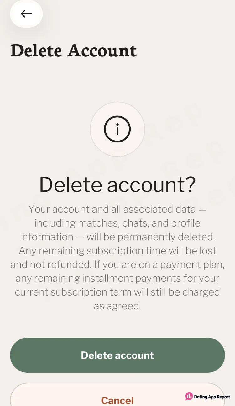 Delete account dialog warning that all data is erased, remaining subscription time isn't refunded, and installments still get charged.