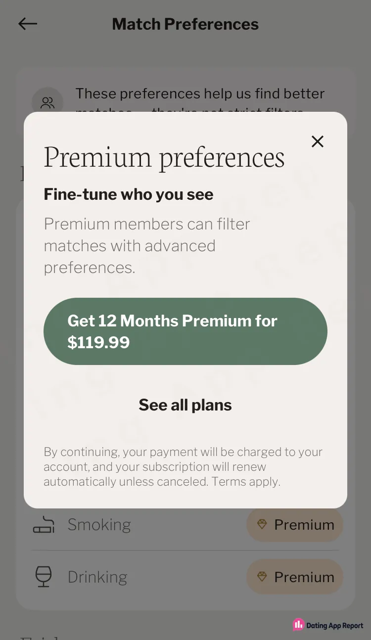 Over Match Preferences, a pop-up offers 12 months of Premium for $119.99; Smoking and Drinking are marked Premium.