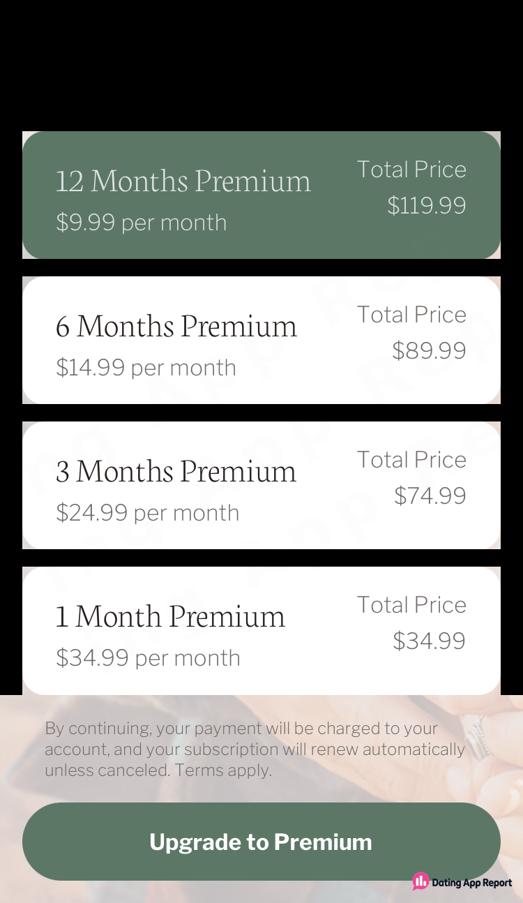 Four Premium plans from 1 to 12 months with total prices, plus a note that subscriptions renew automatically.