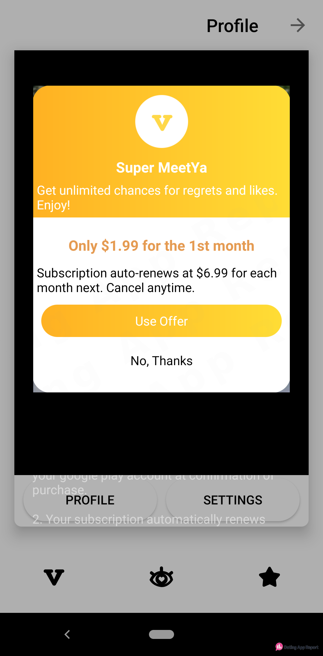 Super MeetYa pop-up offers $1.99 for the first month, then auto-renews at $6.99 monthly.