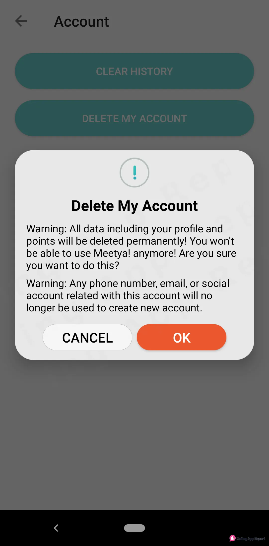 Deletion warning: profile and points are deleted permanently; linked phone, email or social login can't create new accounts.