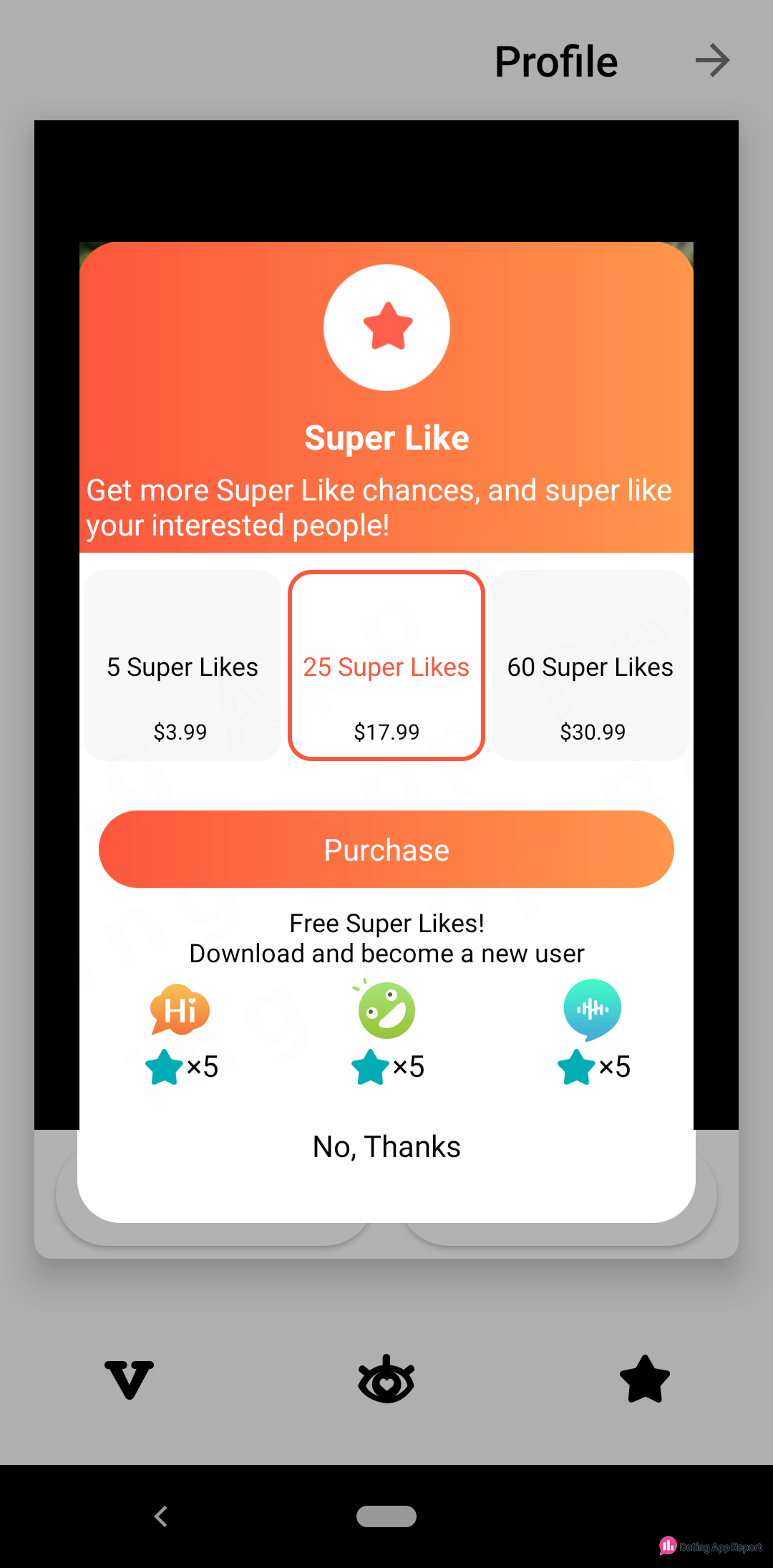 A pop-up sells 5 Super Likes for $3.99, 25 for $17.99, 60 for $30.99; installing other apps earns free ones.