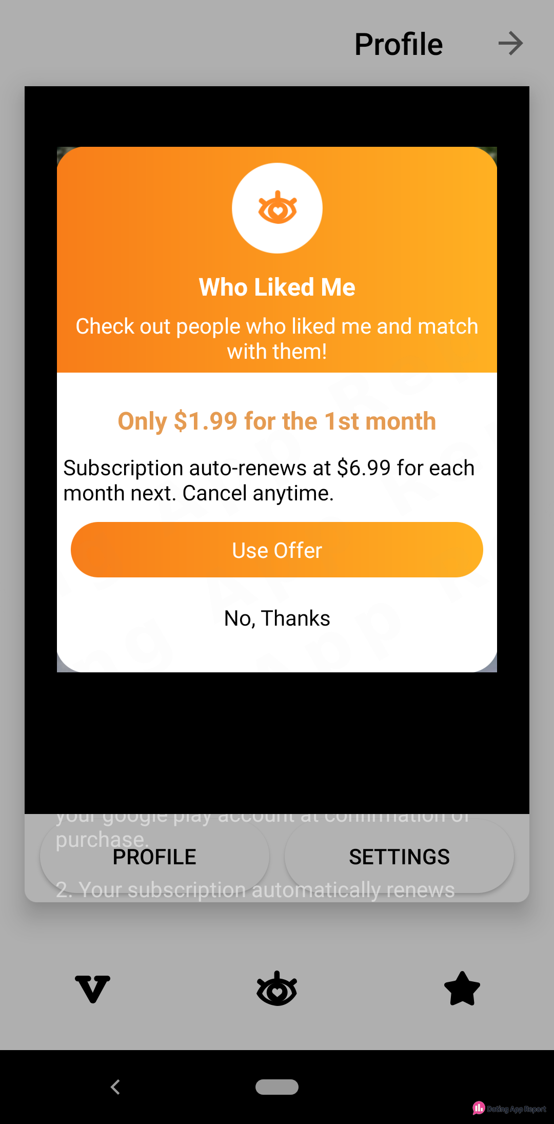 Who Liked Me offer costs $1.99 for the first month, then auto-renews at $6.99 monthly.