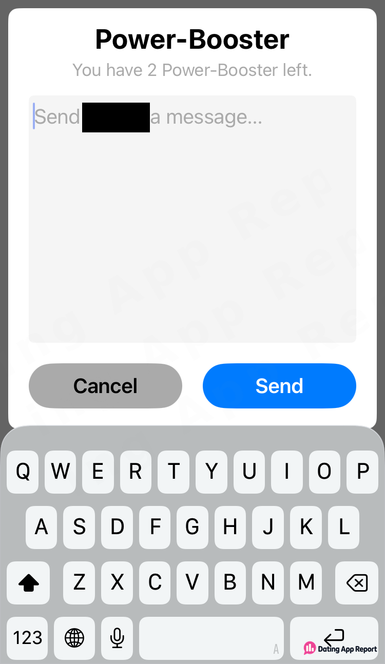 A Power-Booster message box with the recipient's name redacted says you have 2 Power-Boosters left, with Cancel and Send buttons.