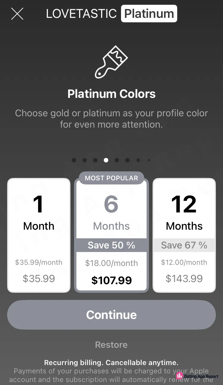 Lovetastic Platinum plans cost $35.99 for 1 month, $107.99 for 6 months, or $143.99 for 12 months, with recurring billing.