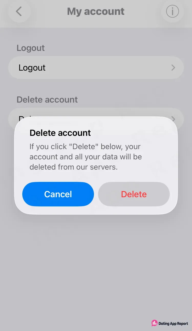 Delete account dialog on My account says your account and all data will be deleted, with Cancel and Delete.