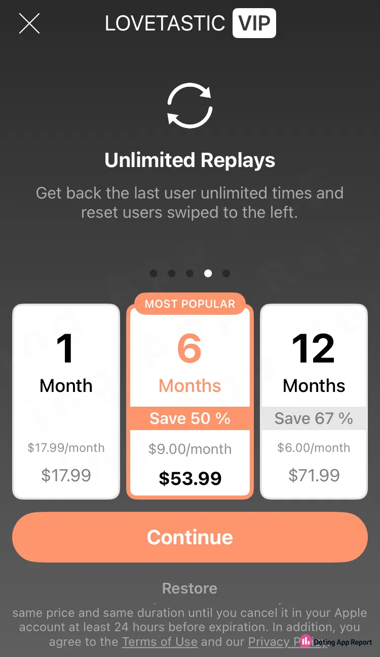Lovetastic VIP page lists 1, 6 and 12 month plans at $17.99, $53.99 and $71.99, with auto-renewal terms.