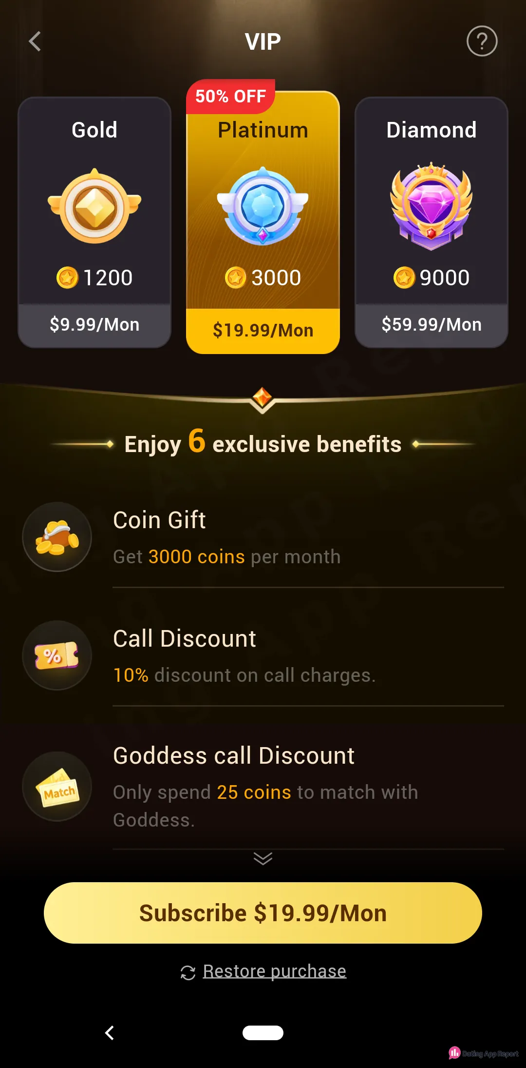 LivHub VIP screen lists Gold $9.99, Platinum $19.99 (50% OFF, preselected) and Diamond $59.99 monthly plans with coins.