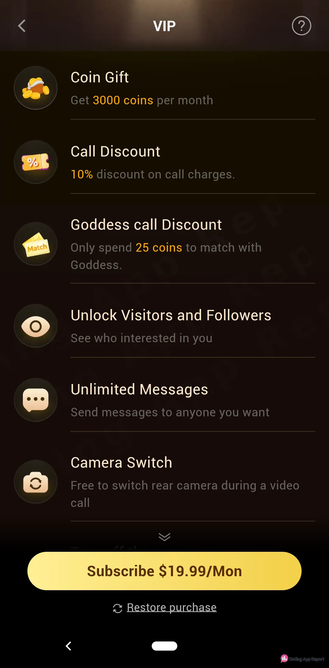 LivHub VIP page listing benefits like seeing visitors, unlimited messages, 3,000 monthly coins, and a $19.99/month subscribe button.