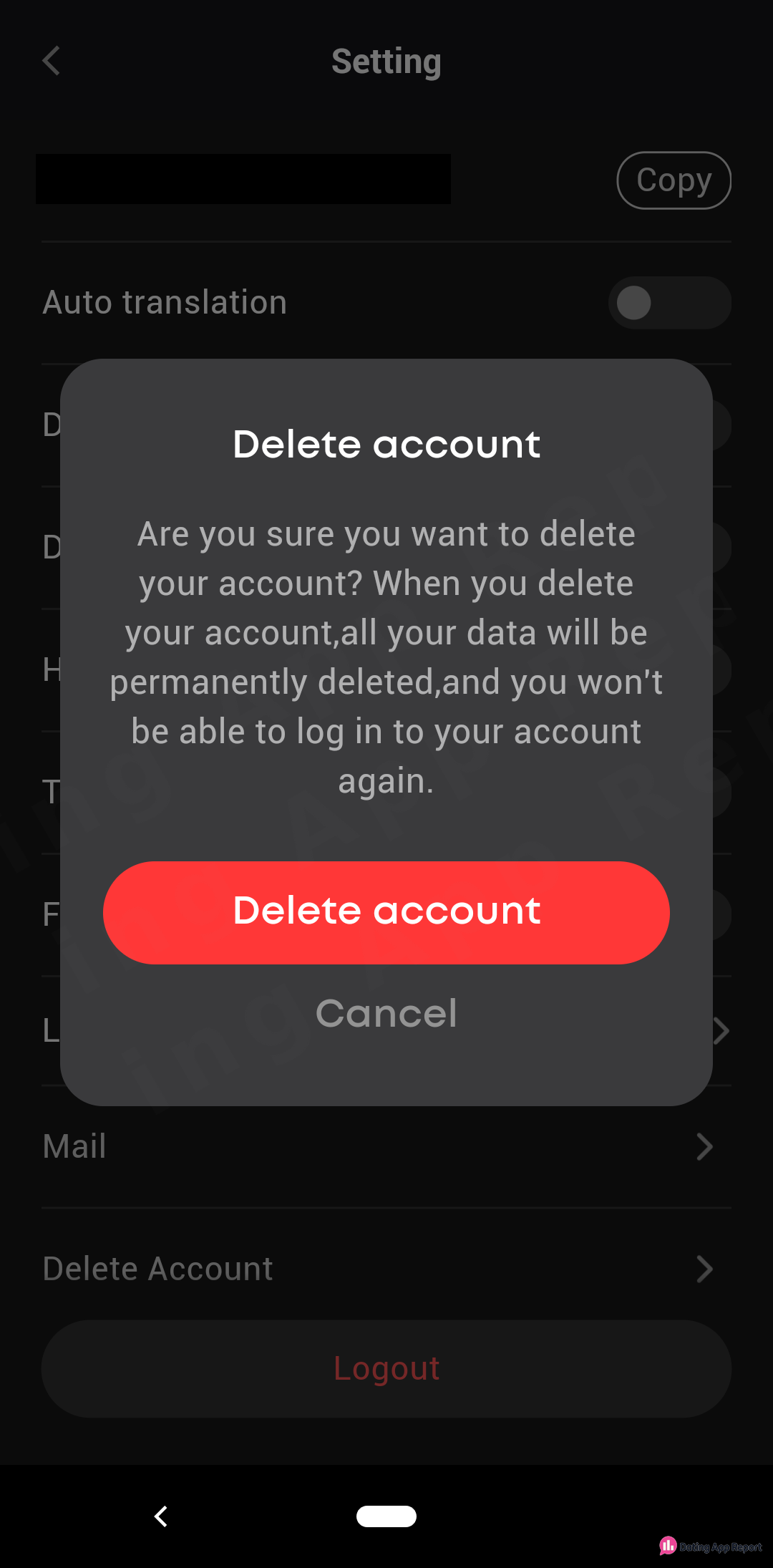 Delete account pop-up on the Setting screen warns all data is permanently deleted, with Delete account and Cancel buttons.