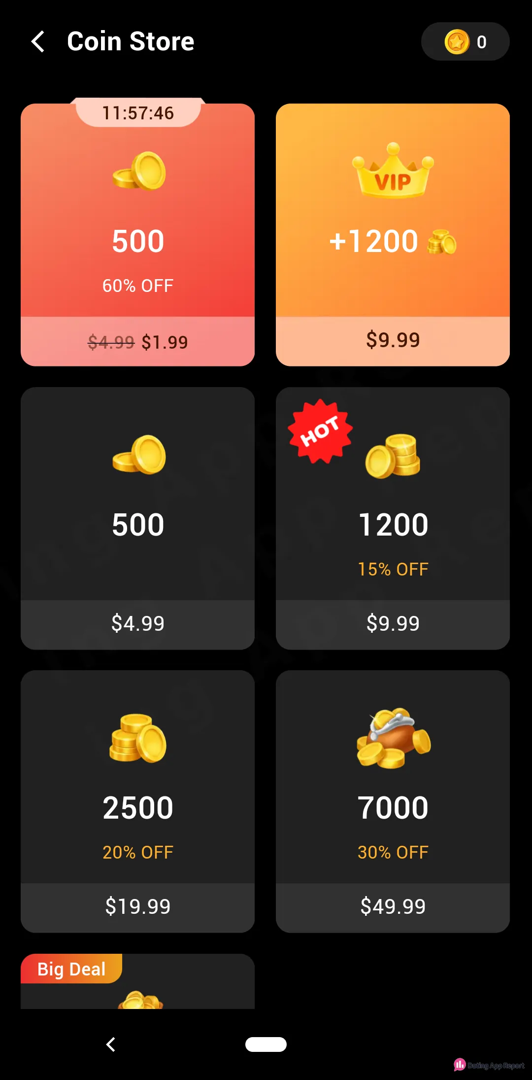 LivHub Coin Store lists coin packs from $1.99 to $49.99, including a countdown-limited 500-coin offer and VIP +1200 tile.