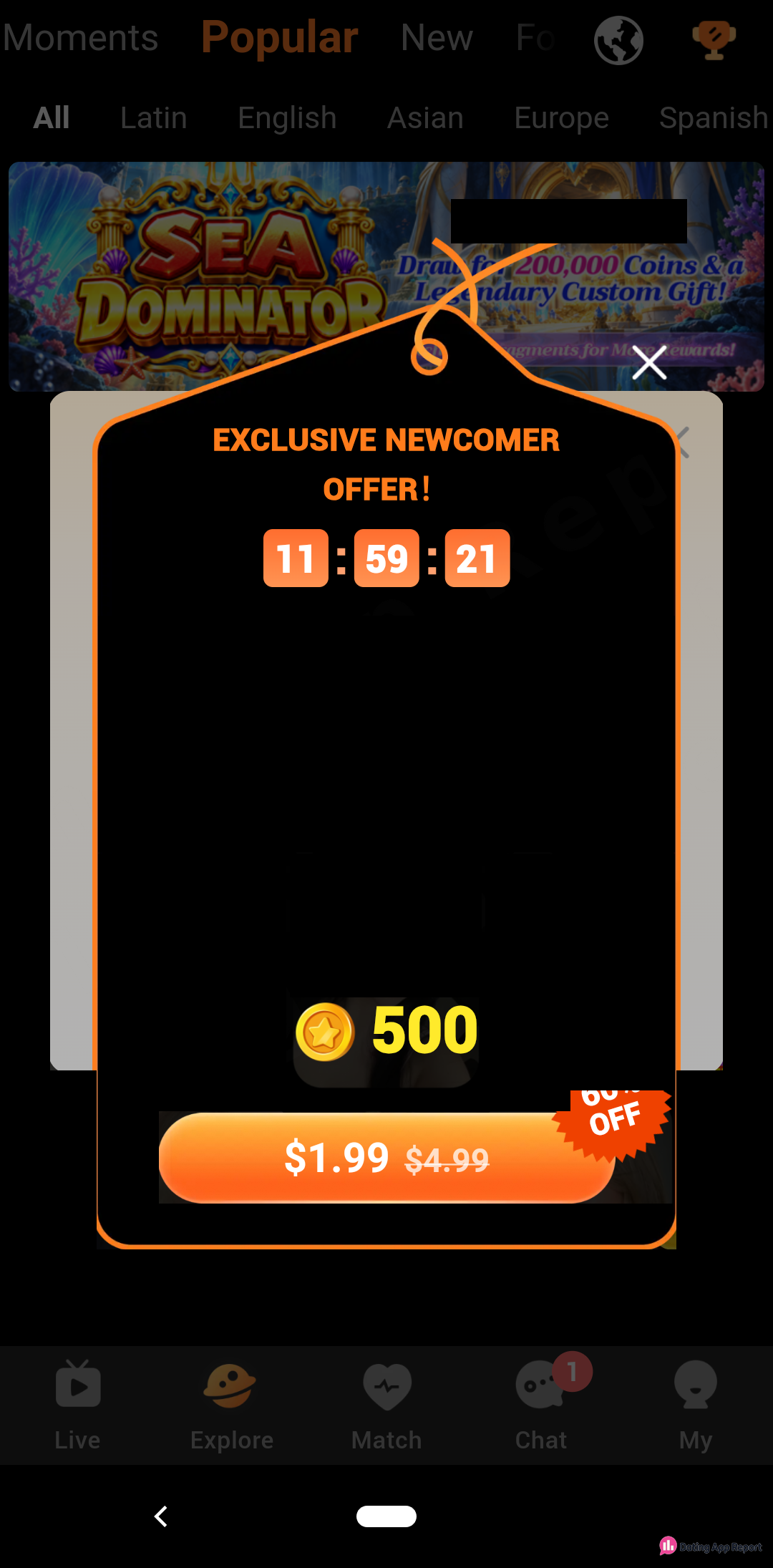 A newcomer pop-up offers 500 coins for $1.99, down from $4.99, with a countdown timer.