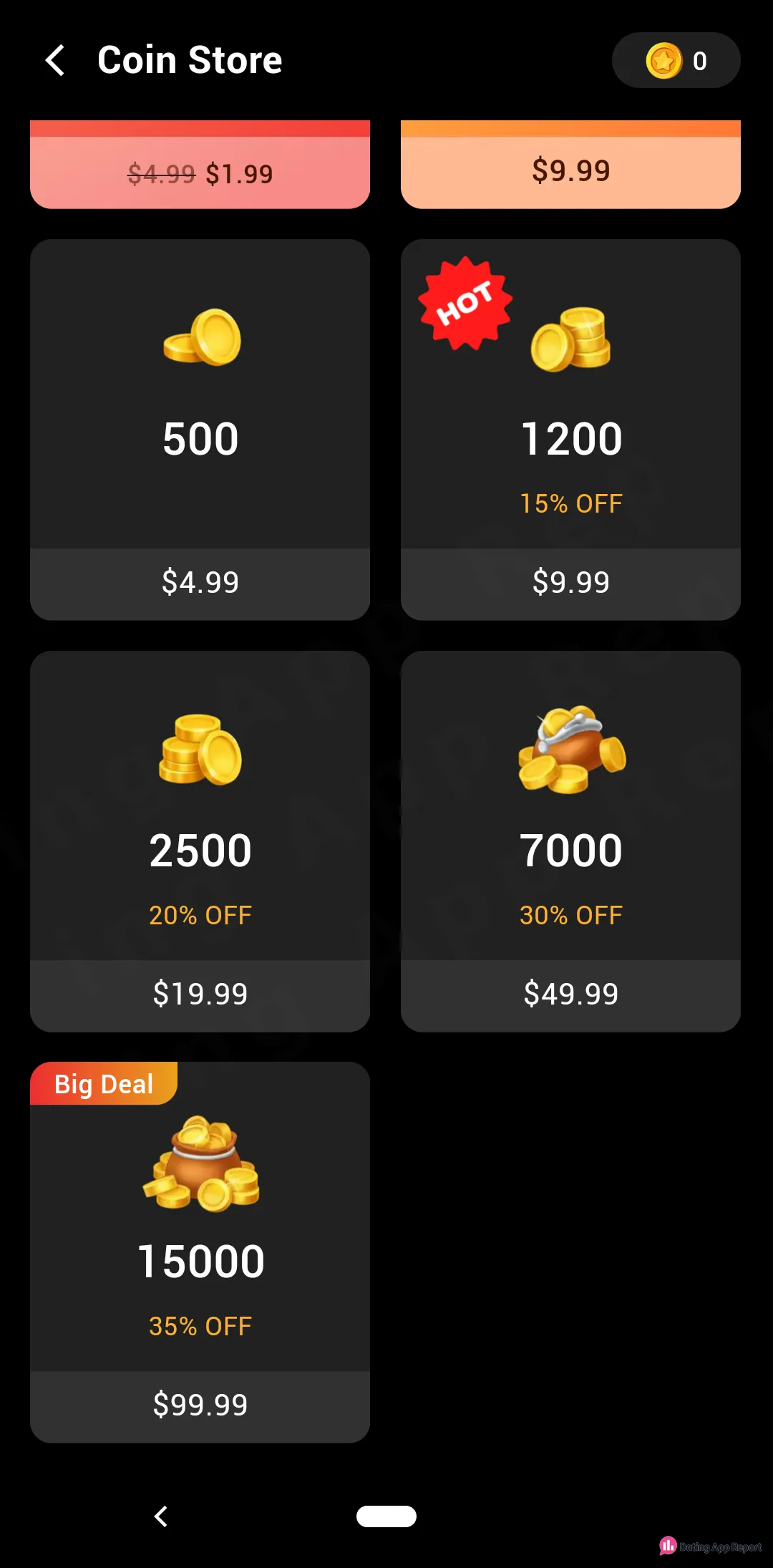 LivHub Coin Store lists coin packs from 500 for $4.99 to 15000 for $99.99; balance shows 0.