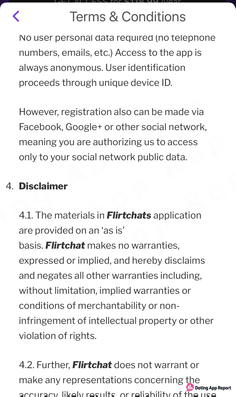 Terms page: no phone number or email required, users identified by device ID, social sign-up optional.