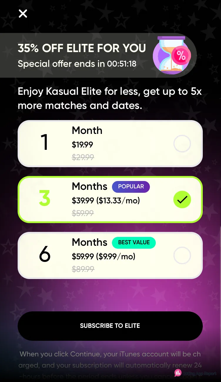 Kasual Elite offer showing one-, three-, and six-month prices with higher crossed-out comparison prices.