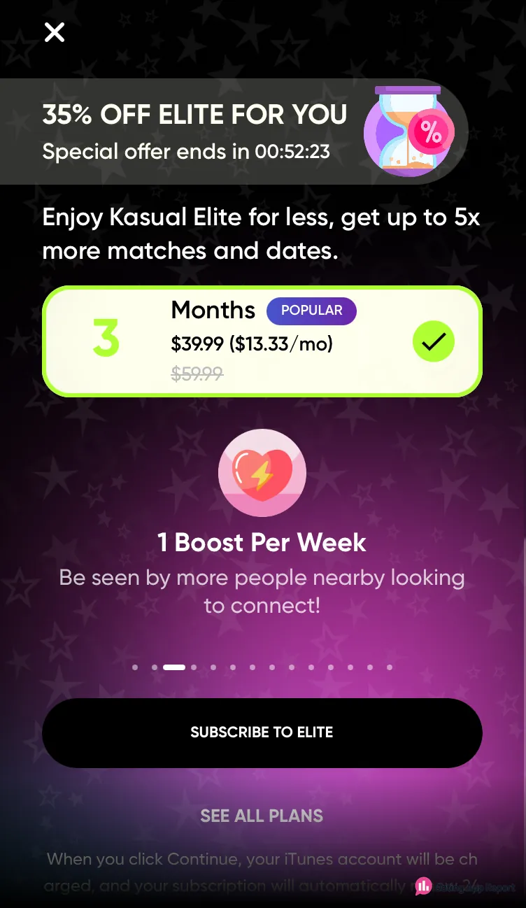 A three-month Kasual Elite offer at $39.99, with $59.99 crossed out.