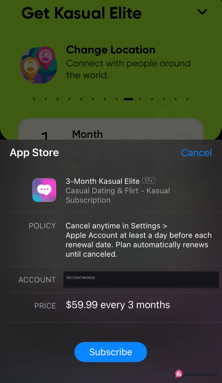 App Store purchase sheet showing 3-Month Kasual Elite at $59.99 every three months, renewing until canceled.