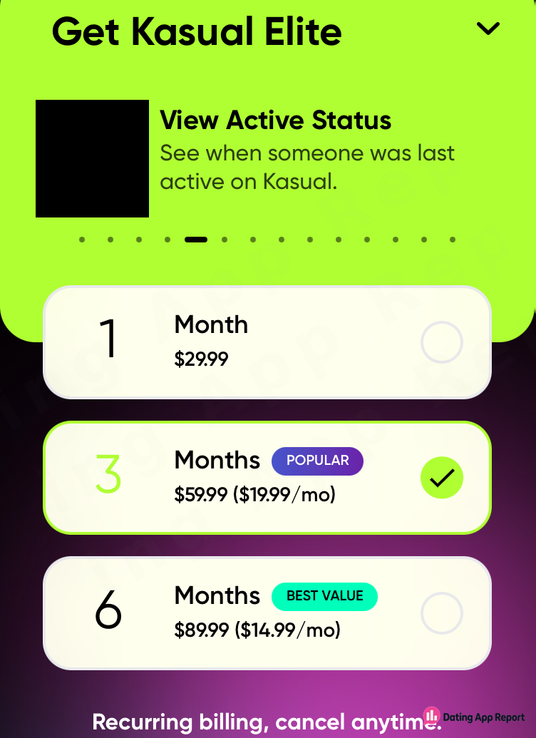 Kasual Elite plans are listed at $29.99 for 1 month, $59.99 for 3 months, and $89.99 for 6 months.