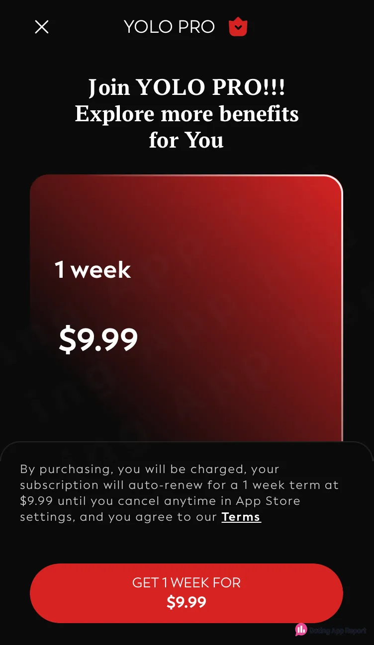 YOLO PRO lists a one-week subscription for $9.99 that automatically renews weekly at the same price until canceled.