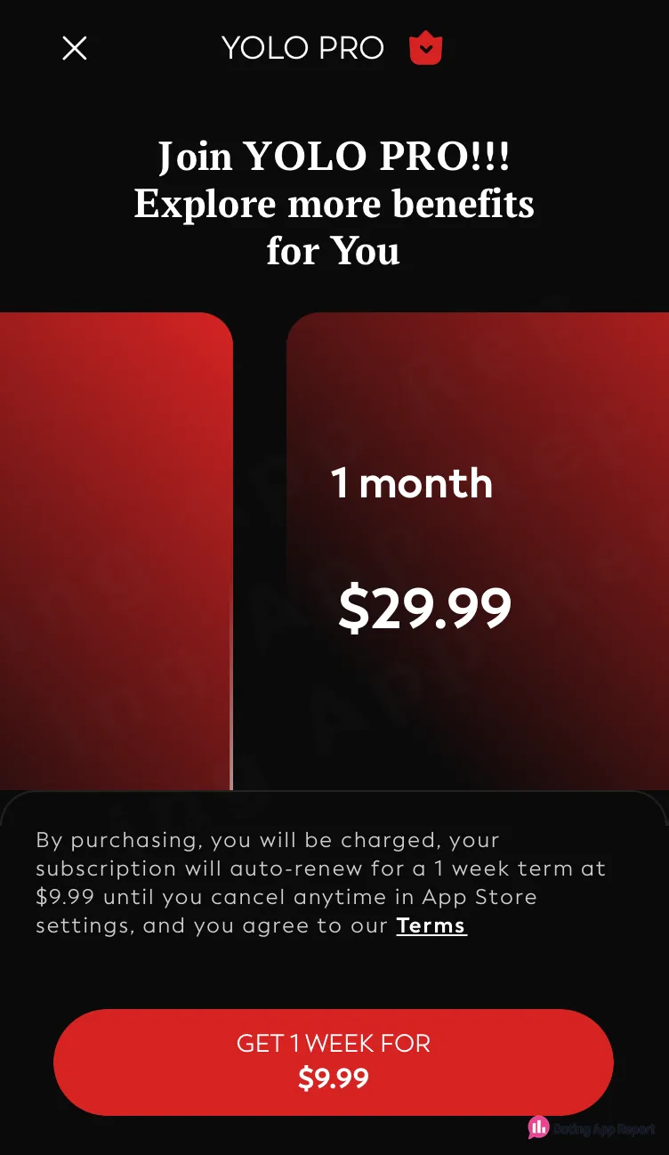 The $29.99 monthly card appears with disclosure text and a purchase button for one week at $9.99.