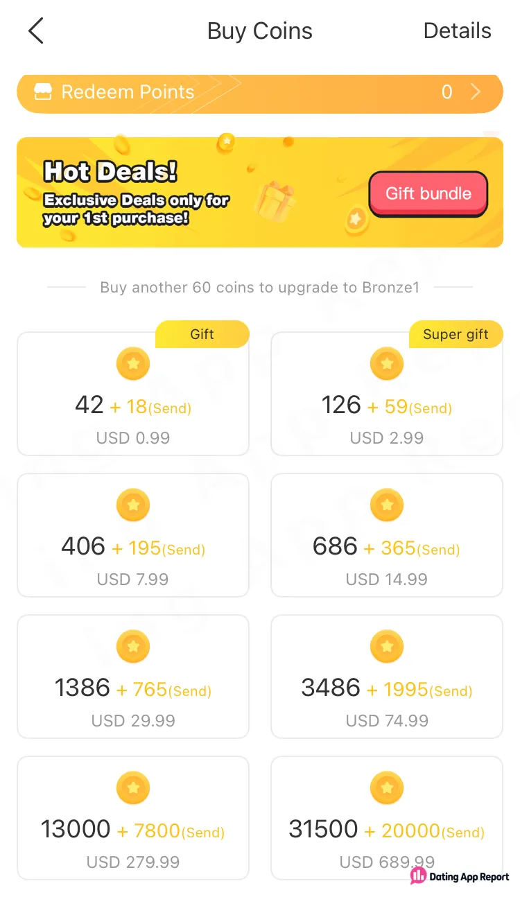 Buy Coins lists eight coin packs from $0.99 to $689.99, each with bonus coins marked '(Send)'.