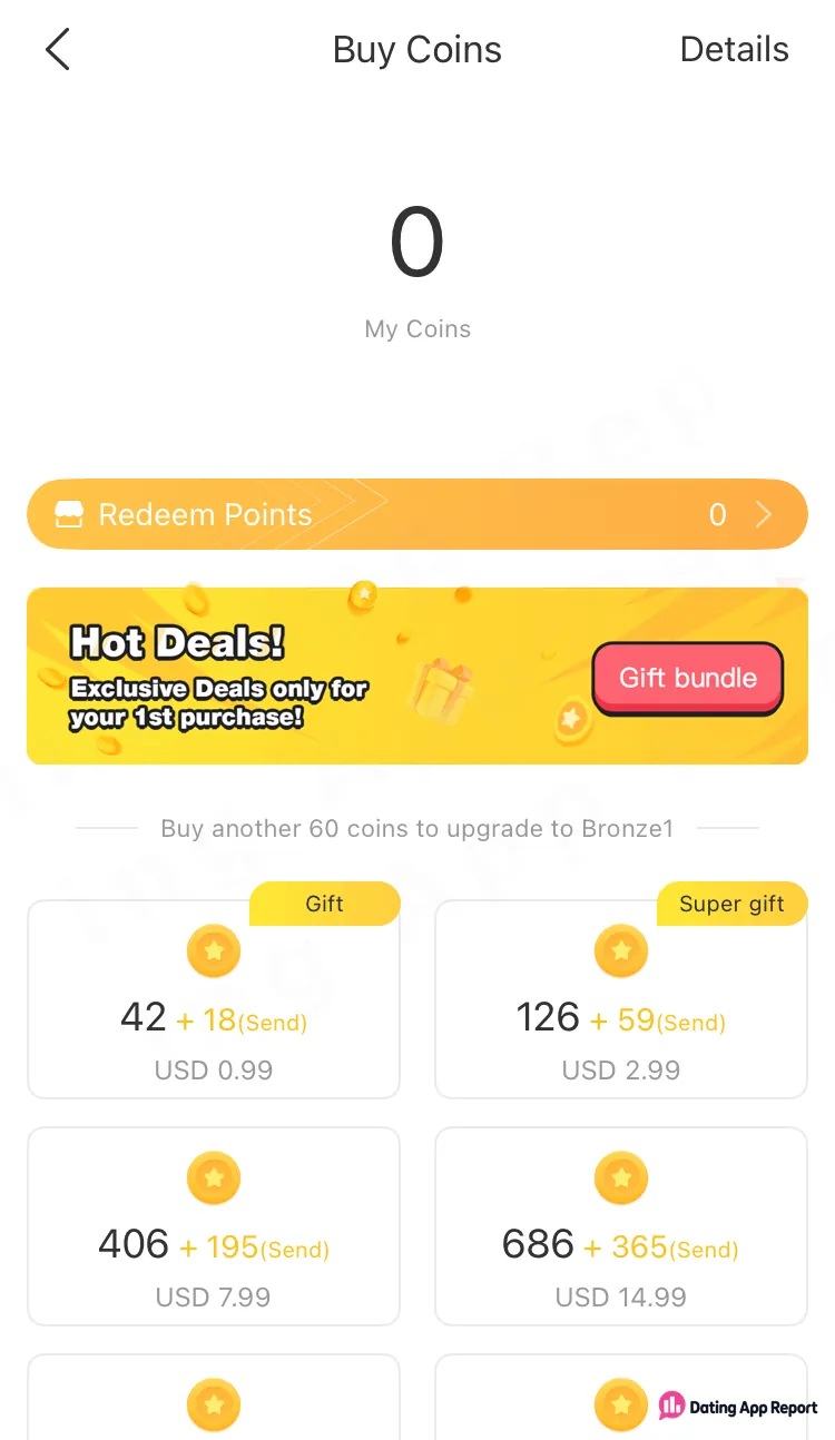 Buy Coins screen with a 0-coin balance, a first-purchase deals banner, and packs from $0.99 to $14.99 with bonus coins.