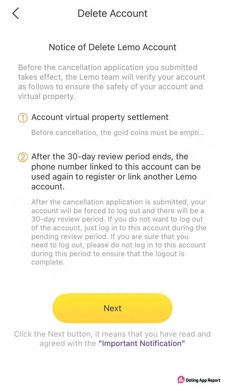 Lemo's Delete Account notice says gold coins must be emptied and a 30-day review follows.