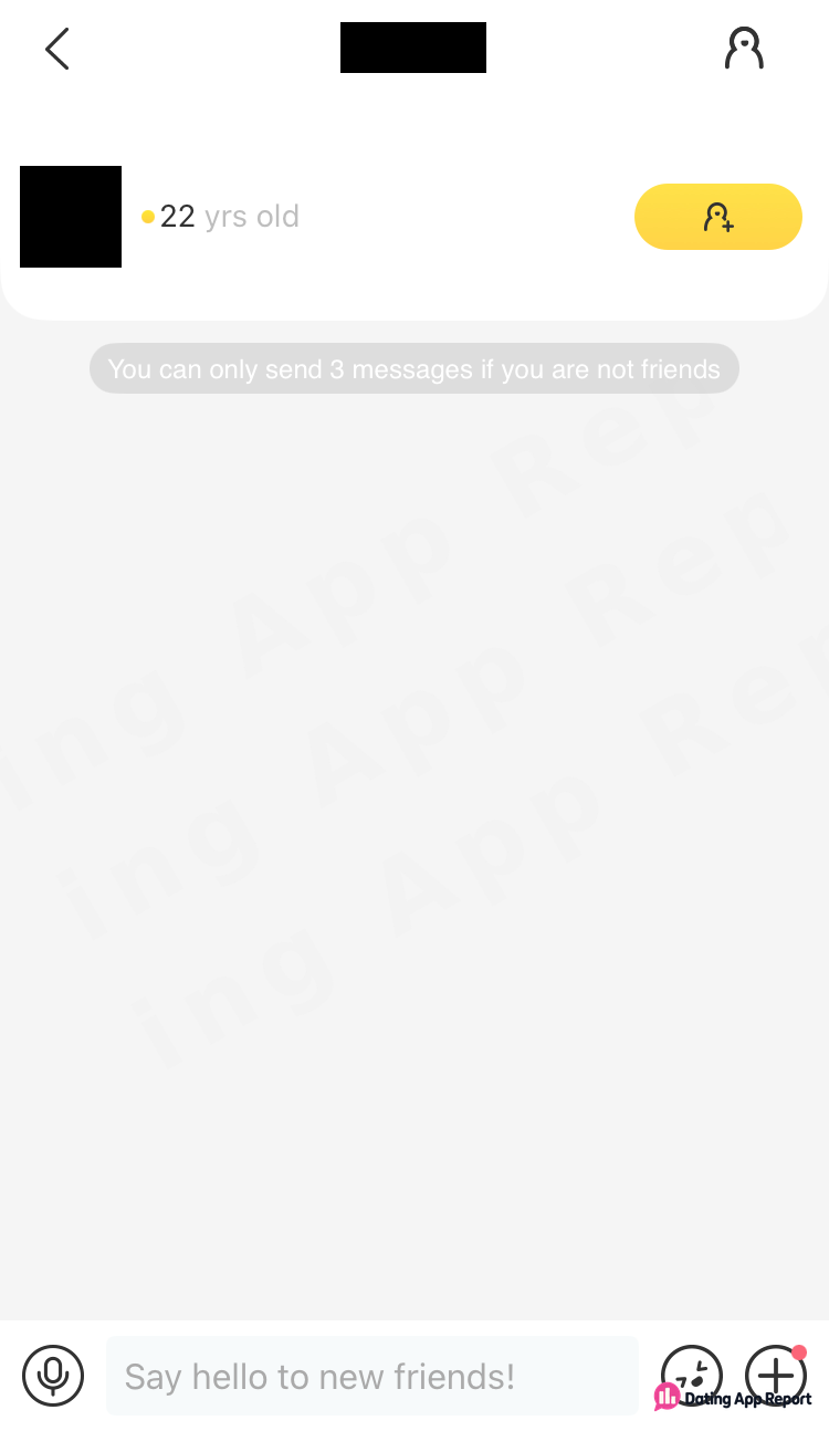 Empty chat with a redacted 22-year-old member; a notice says you can only send 3 messages if you're not friends.