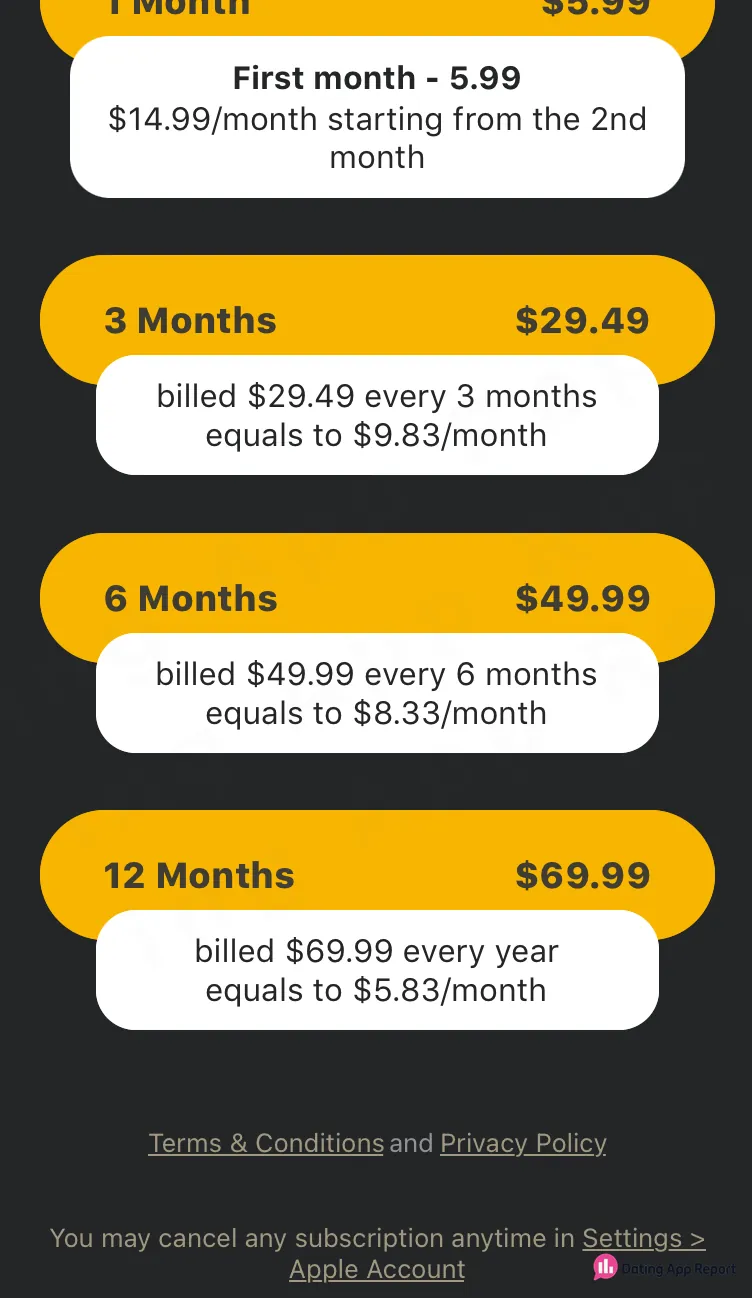 Monthly plan showing $5.99 for the first month and $14.99 per month starting with the second month.