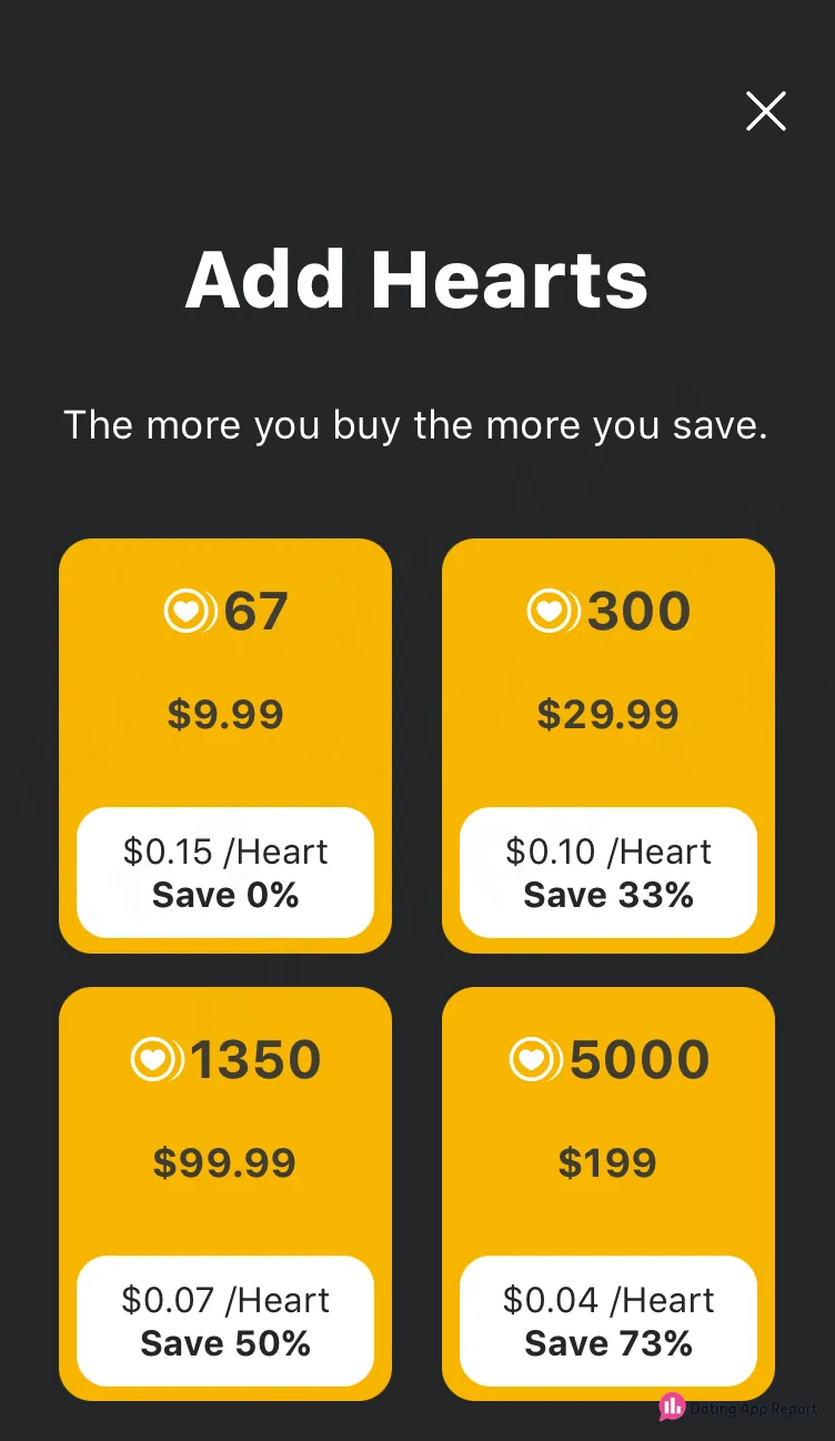 Add Hearts screen showing 67 Hearts priced at $9.99.