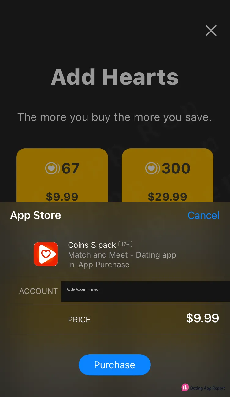 App Store purchase sheet showing Coins S pack priced at $9.99.