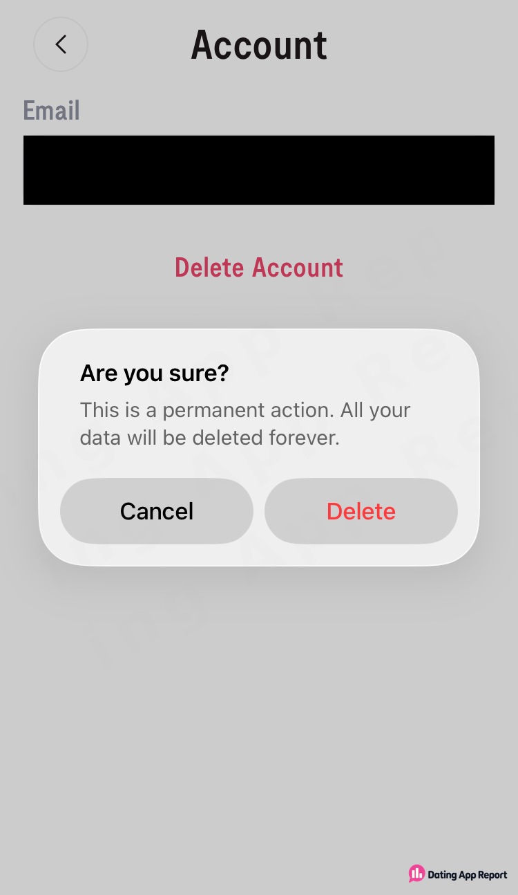 HIRL's Account screen asks you to confirm deletion: "This is a permanent action. All your data will be deleted forever."