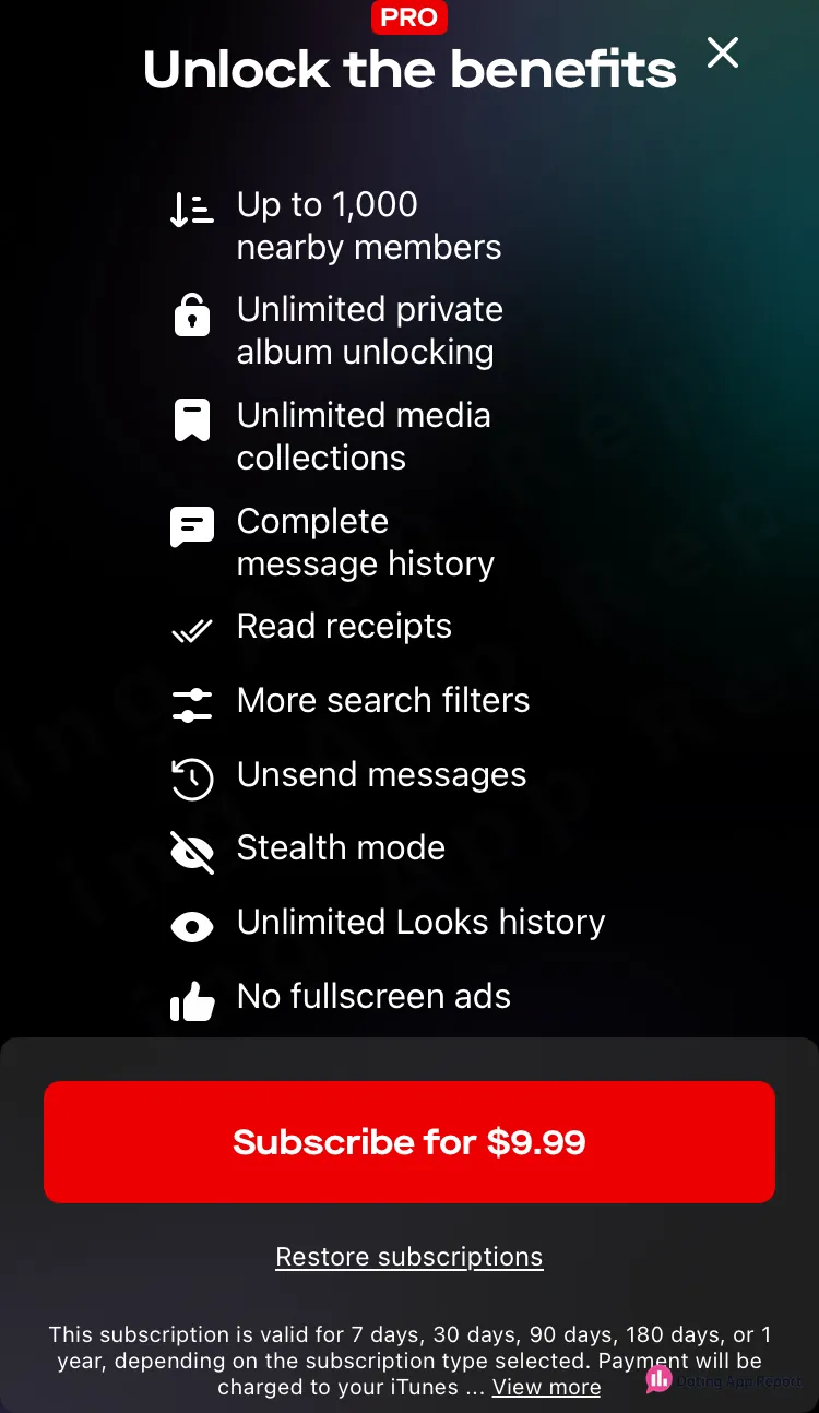 SCRUFF PRO subscription screen lists private album access among its paid benefits for members.