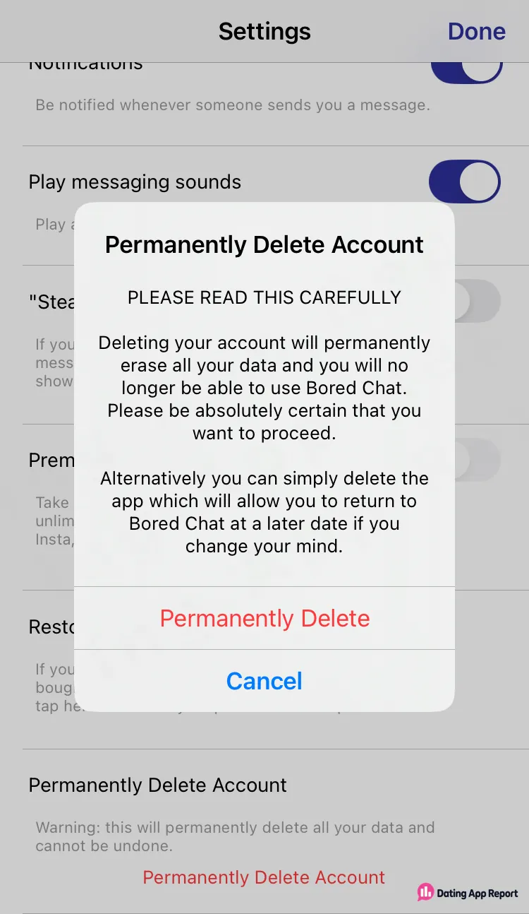 Bored Chat's delete-account pop-up warns that all your data will be erased and suggests just deleting the app instead.