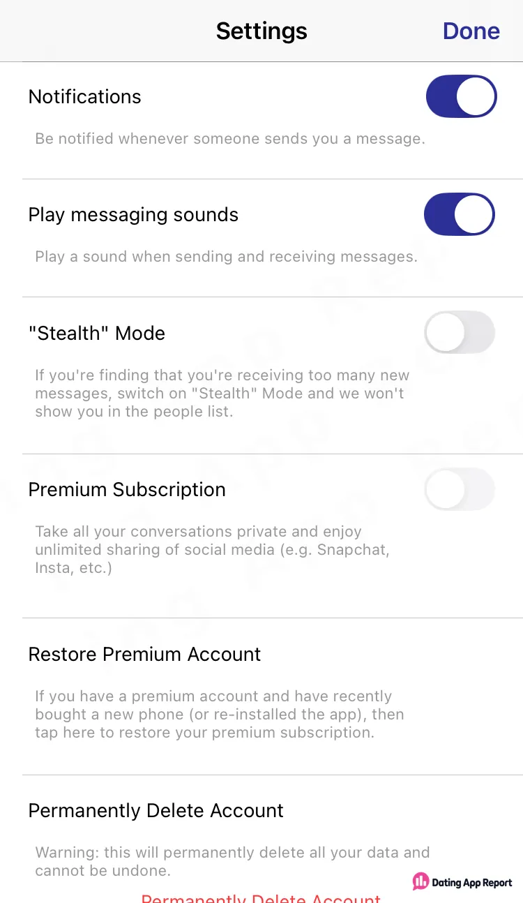 The Settings list ends with "Permanently Delete Account," warning that all your data is deleted and can't be undone.