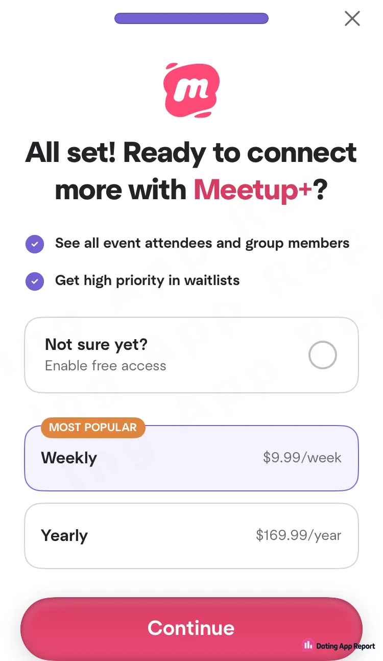 Meetup+ offer with weekly $9.99 plan preselected, yearly $169.99, unselected free option, and Continue button.