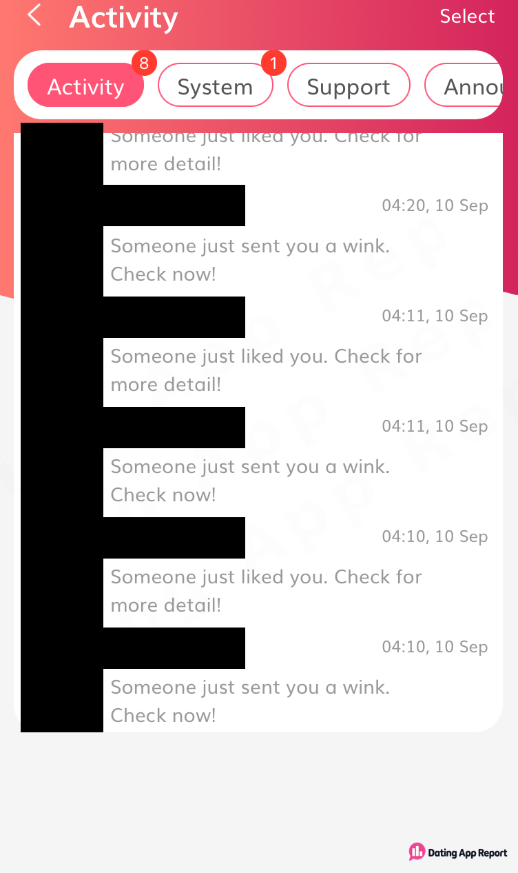 Activity tab with an 8 badge lists "liked you" and "sent you a wink" alerts; senders redacted.