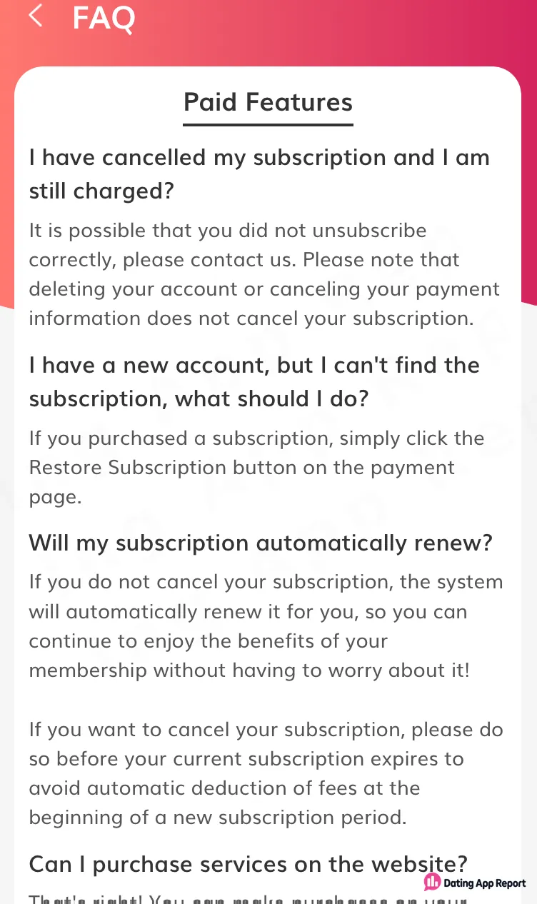 Paid-features FAQ stating that deleting an account does not cancel the subscription.