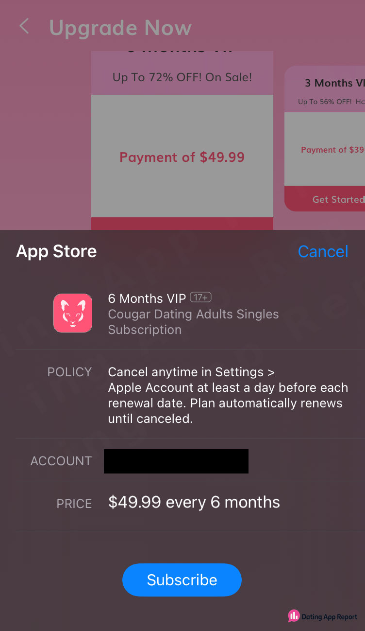 App Store subscription sheet listing 6 Months VIP at $49.99 every six months.