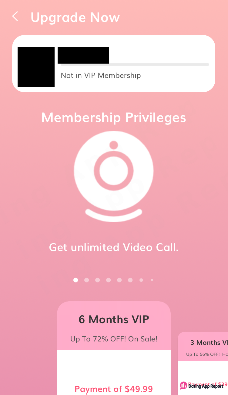 VIP membership privileges screen advertising unlimited video calling.